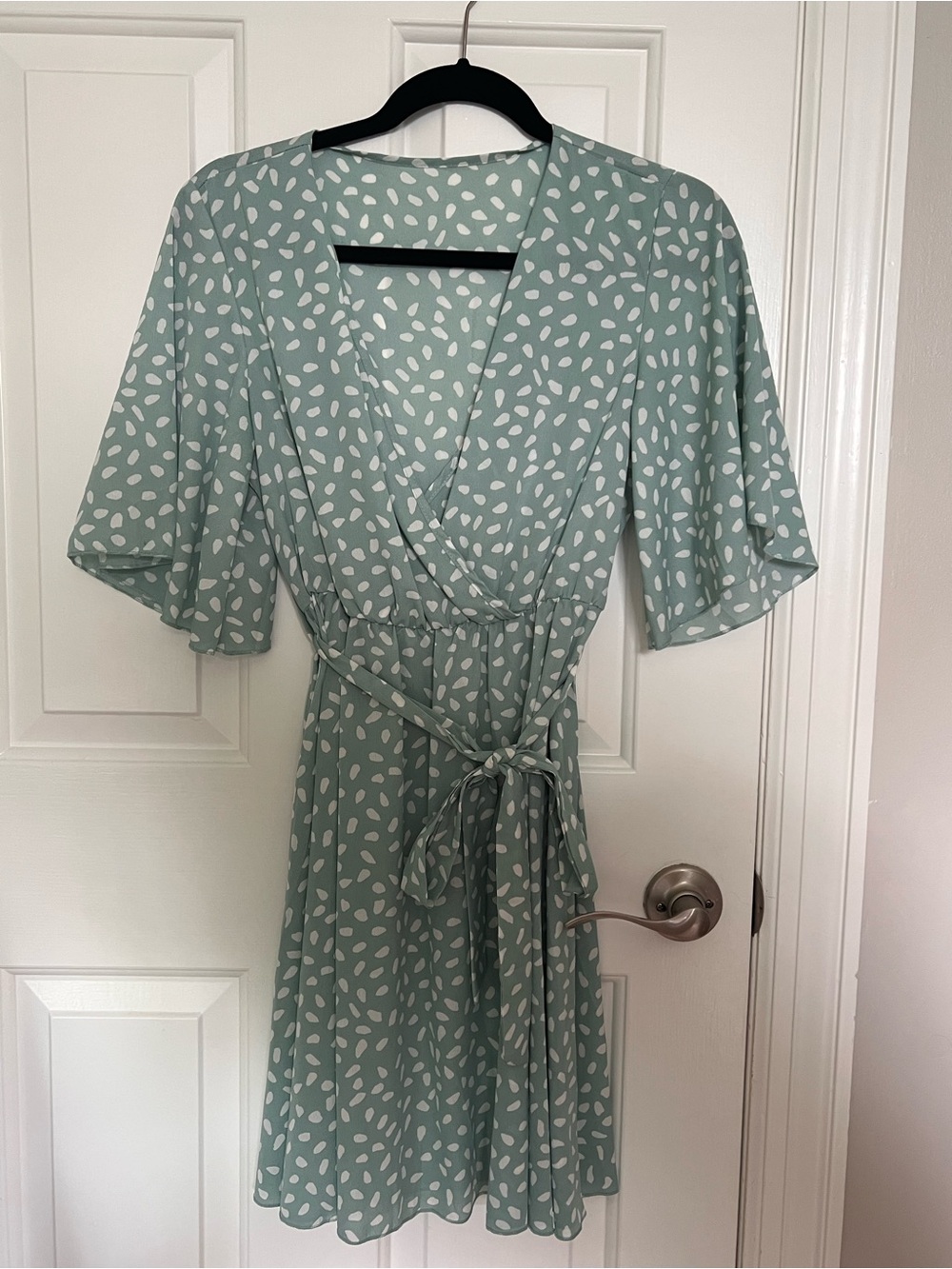 Mint Green Wrap Dress with White Dot Print
